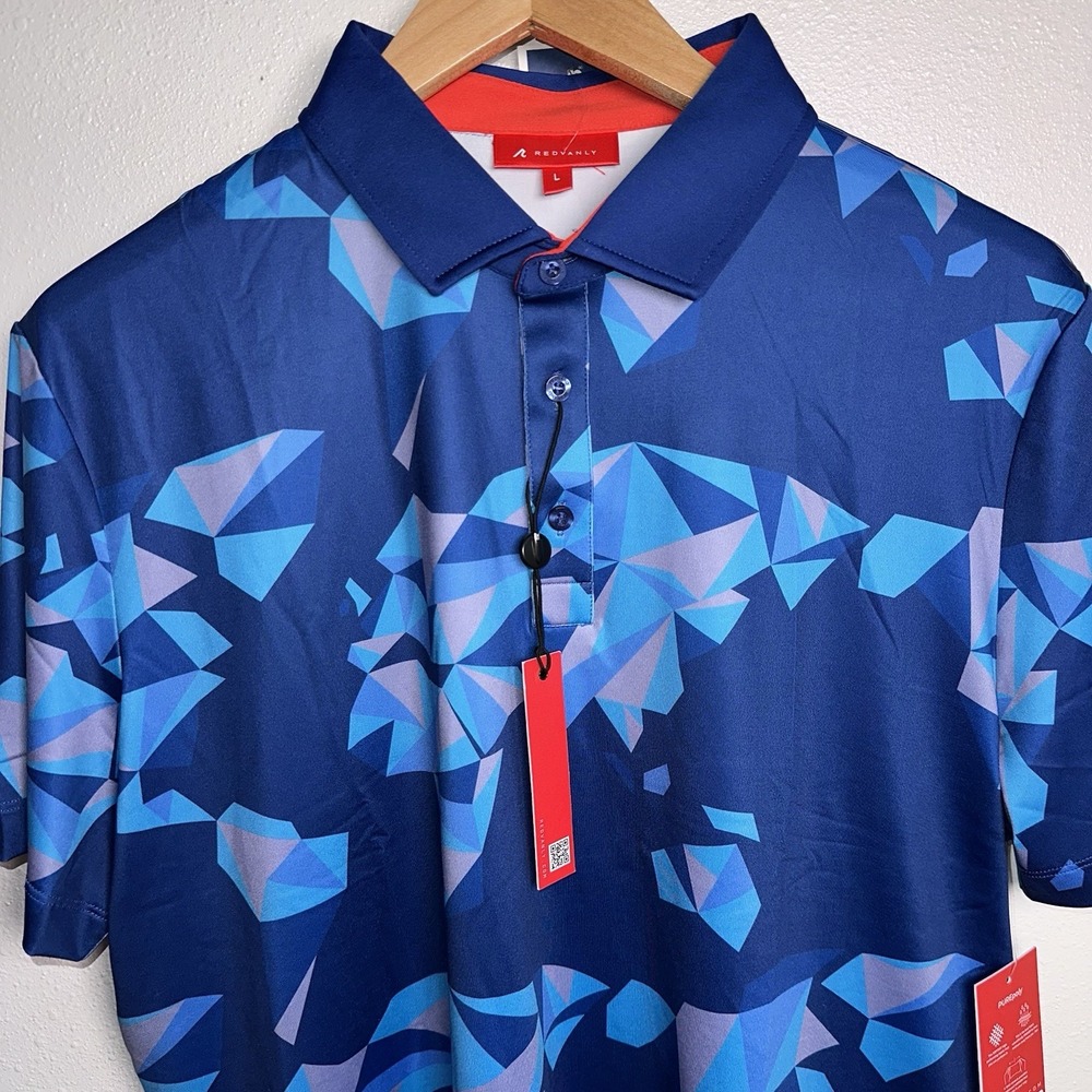 New Redvanly Large Savile Mazarine Blue Golf Polo Geometric Stretch Luxury